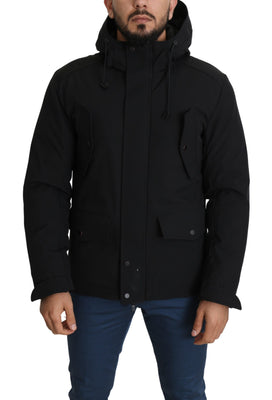Black Polyester Hooded Windbreaker Coat Jacket