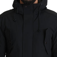 Black Polyester Hooded Windbreaker Coat Jacket