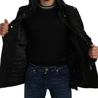 Black Solid Jacquard Coat Hooded Jacket