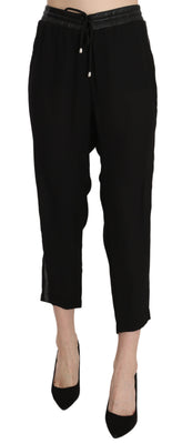 Black Polyester High Waist Cropped Trousers Pants