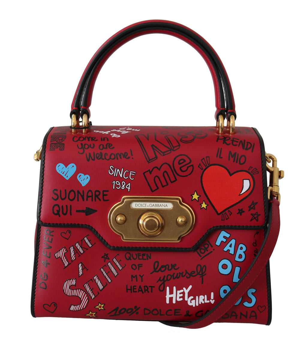 Red Leather Graffiti Print Crossbody WELCOME Bag