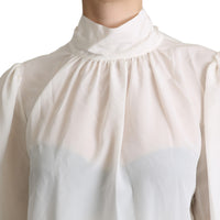 White Silk Pussy Bow Long Sleeved Top Blouse