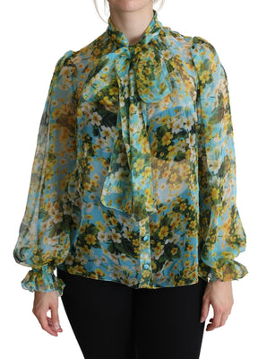 Blue Silk Floral Chiffon Pussy Bow Blouse