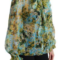 Blue Silk Floral Chiffon Pussy Bow Blouse