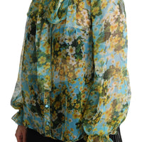 Blue Silk Floral Chiffon Pussy Bow Blouse