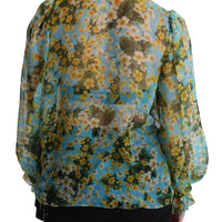 Blue Silk Floral Chiffon Pussy Bow Blouse