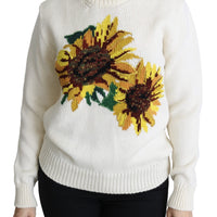White Floral Wool Pullover Sunflower Sweater