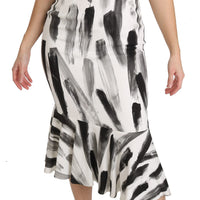 White Black Printed Sheath Midi Viscose Dress