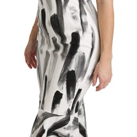 White Black Printed Sheath Midi Viscose Dress