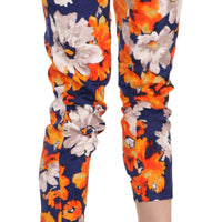 Blue Floral Print Skinny Slim Fit Trousers Pants