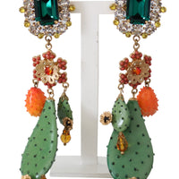 Gold Tone Filigree Cactus Crystal Drop Clip On Earrings