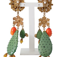 Gold Tone Filigree Cactus Crystal Drop Clip On Earrings