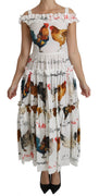 White Rooster Sheath Midi Cotton Dress