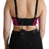 Black Bustier Fuchsia Crystal-Embellished Cropped Top