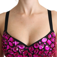 Black Bustier Fuchsia Crystal-Embellished Cropped Top