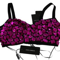 Black Bustier Fuchsia Crystal-Embellished Cropped Top