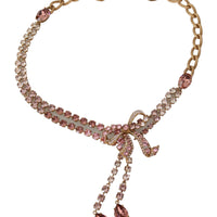 Pink Crystal Glass Christmas Bow Brass Choker Necklace