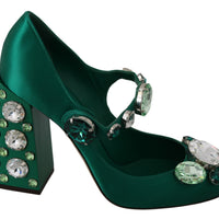 Green Silk Mary Janes Crystal Pumps Shoes