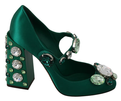 Green Silk Mary Janes Crystal Pumps Shoes