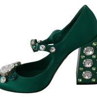 Green Silk Mary Janes Crystal Pumps Shoes