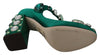 Green Silk Mary Janes Crystal Pumps Shoes