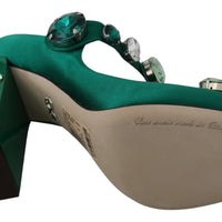 Green Silk Mary Janes Crystal Pumps Shoes