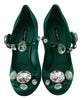 Green Silk Mary Janes Crystal Pumps Shoes