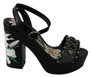 Black Floral Crystals Ankle Strap Sandals Shoes