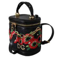 Black Leather Floral Motiv DG Logo Shoulder Borse Bag