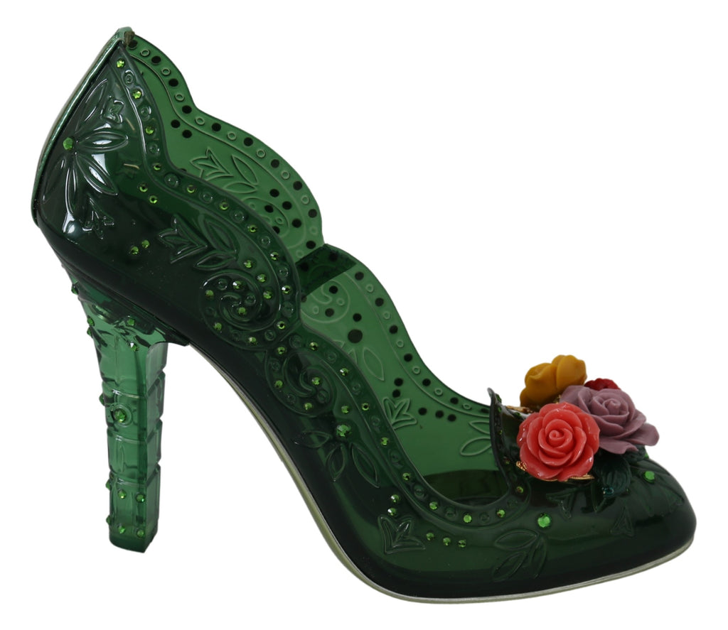 Green Floral Crystals Heels Pumps Shoes