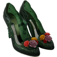 Green Floral Crystals Heels Pumps Shoes