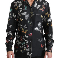 Black Butterfly Pattern Silk Casual Shirt