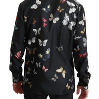 Black Butterfly Pattern Silk Casual Shirt