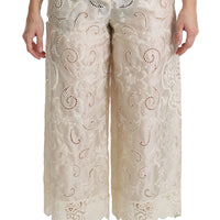 Cream Lace High Waist Palazzo Cropped Pants