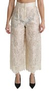 Cream Lace High Waist Palazzo Cropped Pants