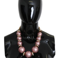 Gold Brass Pink Maxi Faux Pearl Beads Crystals Necklace