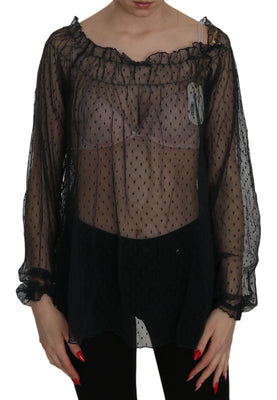 Black Mesh See Through Long Sleeve Top Blouse