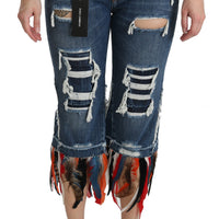 Blue Feathers Low Waist Cropped Cotton Jeans
