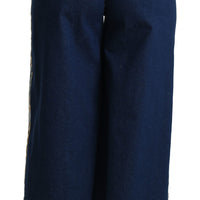 Blue Palazzo Cropped Denim Cotton Stretch Jeans