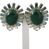 Gold Tone Oval Malachite Stone Clip-on Jewelry Earrings