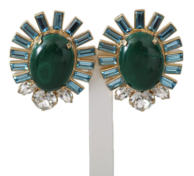 Gold Tone Oval Malachite Stone Clip-on Jewelry Earrings
