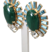 Gold Tone Oval Malachite Stone Clip-on Jewelry Earrings