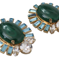 Gold Tone Oval Malachite Stone Clip-on Jewelry Earrings
