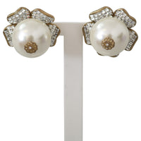 Gold Tone Maxi Faux Pearl Floral Clip-on Jewelry Earrings