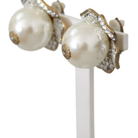 Gold Tone Maxi Faux Pearl Floral Clip-on Jewelry Earrings