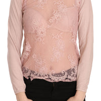 Pink Lace See Through Long Sleeve Top Blouse