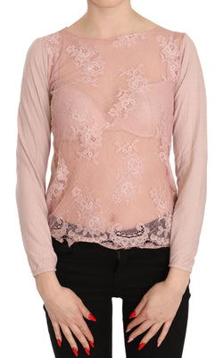 Pink Lace See Through Long Sleeve Top Blouse