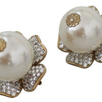 Gold Tone Maxi Faux Pearl Floral Clip-on Jewelry Earrings