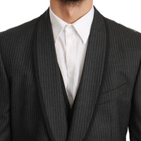 Gray Striped Slim Fit 3 Piece Wool Suit