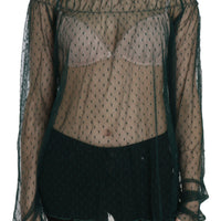 Green Mesh See Through Long Sleeve Top Blouse